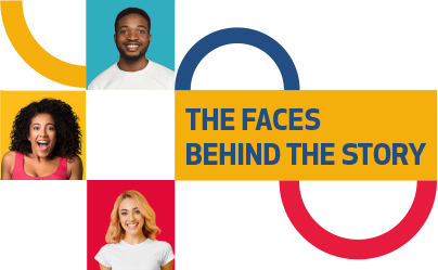 graphic with people that reads, the faces behind the story.